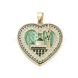 Rack Plating Brass Micro Pave Clear Cubic Zirconia Pendants, with Enamel, Long-Lasting Plated, Lead Free & Cadmium Free, Heart with Castle Charms, Light Green, 28x27.5x4mm, Hole: 3.5x5mm(KK-H474-24A-02G)