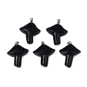 Natural Obsidian Pendants, with Stainless Steel Snap On Bails, Mushroom, Stainless Steel Color, 27.5~28.5x23~25x9.5~10.5mm, Hole: 3x5mm