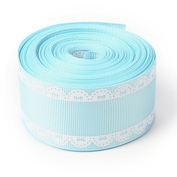 Polyester Printed Grosgrain Ribbon, Single Face Lace Pattern, for DIY Handmade Craft, Gift Decoration , Cyan, 1-1/2 inch(38mm), 10 yards/roll(9.14m/roll)