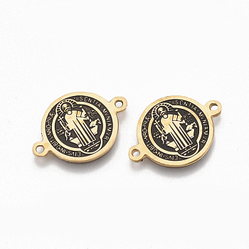 304 Stainless Steel Links connectors, with Enamel, Enamelled Sequins, Flat Round with Saint Benedict Medal, Golden, 13.5x19.5x0.5mm, Hole: 1.2mm