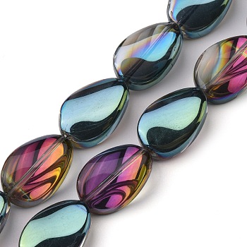 Transparent Electroplate Glass Bead Strands, Half Rainbow Plated, Teardrop, Colorful, 18.5x12.5x6mm, Hole: 1mm, about 40pcs/strand, 29.29 inch(74.4cm)