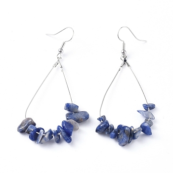 Dangle Earrings, with Natural Sodalite Chips, Platinum Plated Brass Earring Hooks and teardrop, Pendants, 71~75mm, Pendant: 53.5~59mm, Pin: 0.5mm