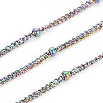Ion Plating(IP) 304 Stainless Steel Curb Chains, Twisted Chains, Satellite Chains, with Spool, Rondelle Beads, Soldered, Rainbow Color, 3mm, about 32.8 Feet(10m)/roll