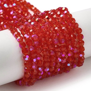 Electroplate Transparent Glass Beads Strands, Faceted, Round, Rainbow Plated, Red, 4mm, Hole: 0.7mm, about 88~95pcs/strand, 12.99~14.06 inch(33~35.7cm)