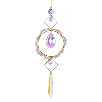 Natural Rose Quartz Chips Hanging Ornaments, Glass Teardrop Hanging Suncatcher, 420mm