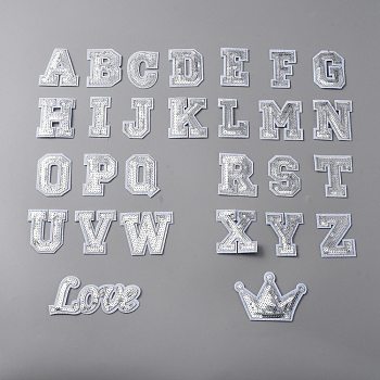 Polyester Clothing Patches, Sequins Appliques, Alphabet, Word Love & Crown, Silver, 43~55x25~111x1~1.5mm, 28pcs/set