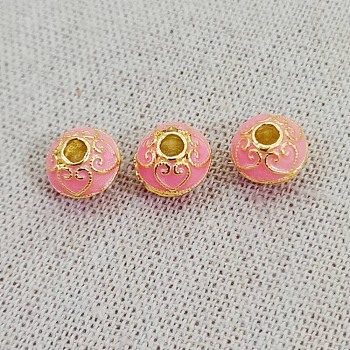 Brass Enamel Beads, Golden, Rondelle with Heart Pattern, Pink, 10mm