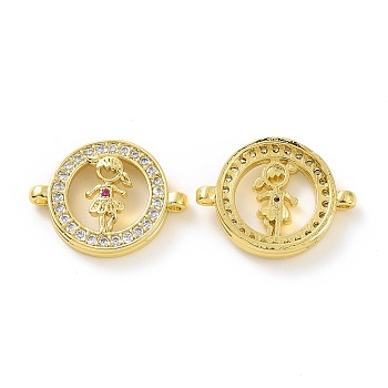 Rack Plating Brass Micro Pave Clear Cubic Zirconia Connector Charms, Long-Lasting Plated, Cadmium Free & Lead Free, Flat Round Links with Girl Pattern, Real 18K Gold Plated, 16x21x4mm, Hole: 1.5mm