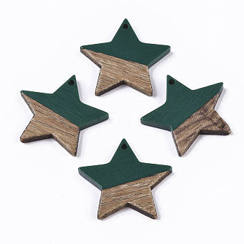 Resin & Wood Pendants, Star, Teal, 26x28x4mm, Hole: 1.6mm