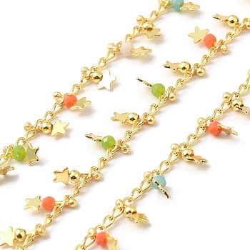Handmade Brass Link Chain, with Glass Beads, Soldered, with Spool, Real 18K Gold Plated, Yellow Green, 3x1.5x0.3mm and 7.5~8x3.5x2, about 16.40 Feet(5m)/Roll