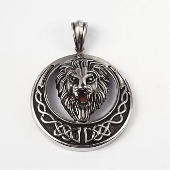 316L Surgical Stainless Steel Big Pendants, Flat Round with Lion, Antique Silver, 56x50x21mm, Hole: 7x12mm