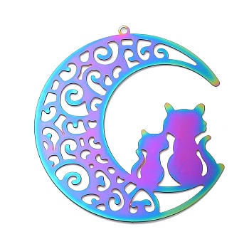 201 Stainless Steel Filigree Pendants, Etched Metal Embellishments, Moon with Cat Charm, Rainbow Color, 58x53x0.2mm, Hole: 1.8mm