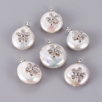 Natural Cultured Freshwater Pearl Pendants, with Brass Cubic Zirconia Cabochons, Long-Lasting Plated, Nuggets with Flower, Real Platinum Plated, Clear, 17~20x13~15x7~8.5mm, Hole: 1.4~1.5mm