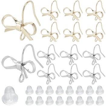 28Pcs 2 Color Bowknot Shape Brass Earring Hook, with Loops & 40Pcs Plastic Ear Nuts, Platinum & Golden, 22 Gauge, 16x15mm, Hole: 2mm, Pin: 0.6mm, 14Pcs/color