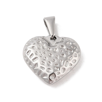 304 Stainless Steel Pendants, Textured, Heart Charm, Stainless Steel Color, 18.5x20x5.5mm, Hole: 6x3mm