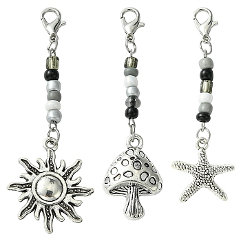 Mushroom/Sun/Starfish Alloy & Glass Pendant Decorations, with Alloy Lobster Claw Clasps, Antique Silver & Platinum, 60~69mm, 3pcs/set