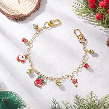 Alloy Enamel Santa Claus Christmas Bell Candy Cane Charm Brass Cable Chain Purse Decorative Chains, with Alloy Swivel Clasps, Golden, Red, 321mm