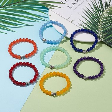 7Pcs 7 Color Natural Malaysia Jade(Dyed) Stretch Bracelets Set with Alloy Hangers(BJEW-JB08133)-2