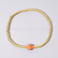 Brass Bead Stretch Bracelets for Women, with Plastic Cross, Coral, 6-7/8 inch(17.5cm)(QZ0147-7)