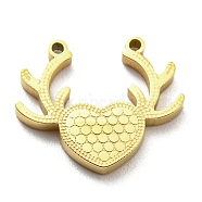 Ion Plating(IP) 316L Surgical Stainless Steel Pendants, Textured, Heart with Antlers Charm, Real 18K Gold Plated, 12.5x15x2mm, Hole: 1mm(STAS-M317-04G)