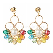 Flower Colorful Glass Beads Dangle Earrings for Girl Women, Round Shell Pearl Beads Stud Earrings, Golden, 40mm, Pin: 0.8mm(EJEW-TA00010)