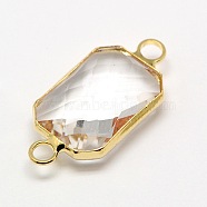 Golden Tone Brass Glass Rectangle Links connectors, Faceted, Clear, 22x10x5mm, Hole: 2mm(GLAA-M008-B-21G)
