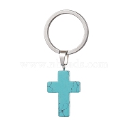 Dyed Synthetic Turquoise Keychains, with 304 Stainless Steel Split Key Rings, Cross, 5.6cm, Cross: 37.5x18x5.5mm(KEYC-JKC00729-05)