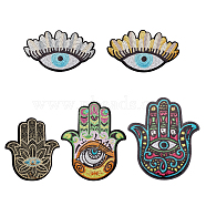 5Pcs 5 Style Sequin Embroidered Appliques, Denim Cloth Patches, Sewing Craft Decoration, Hamsa Hand & Evil Eye, Mixed Color, 156~277x172~257x1mm, 1pc/style(PATC-AR0001-07)