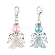 2Pcs 2 Colors Wedding Season Angel Glass Pearl & Acrylic Pendant Decorations, Zinc Alloy Lobster Claw Clasps Charms for Bag Key Chain Ornaments, Mixed Color, 44mm, Pendant: 30x18x16mm, 1pc/color(HJEW-JM01917)