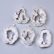 Natural Druzy Agate Big Pendants, Edge Platinum Plated, with Natural Quartz Crystal and Iron Snap on Bails, Nuggets, 37~71x29~55x9~15mm, Hole: 4x6mm(G-R458-05B)