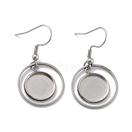 201 Stainless Steel Earring Hooks, with Flat Round Blank Pendant Trays, Flat Round Setting for Cabochon, Stainless Steel Color, 34mm, 22 Gauge, Pin: 0.6mm, Tray: 11.7mm(STAS-Z036-01P)