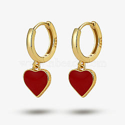 925 Sterling Silver Hoop Earring, Enamel Heart Dangle Earring for Women, Real 18K Gold Plated, Red, 20x8mm(JH7527-3)
