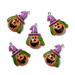 Halloween Opaque Resin Pendants, with Platinum Tone Iron Loops, Pumpkin with Witch Hat, Colorful, 32x24.5x7mm, Hole: 2mm(RESI-B011-12)