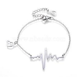 304 Stainless Steel Link & Charm Bracelets, Heartbeat, with Lobster Claw Clasps, Stainless Steel Color, 6-3/4 inch(170mm)(BJEW-H482-02P)