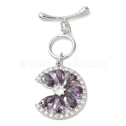 Brass with Pave Cubic Zirconia Toggle Clasps, Flower, Purple, Platinum, bar: 7x19x3mm, hole: 1.5mm, round: 35.5mm long, pendant: 22x18x4mm, ring: 12.5x10.5x1mm, hole: 1.5mm.(KK-N254-88P)