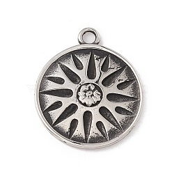 304 Stainless Steel Pendant, Flat Round with Flower, Antique Silver, 24x20x2mm, Hole: 2.2mm(STAS-E158-09AS)