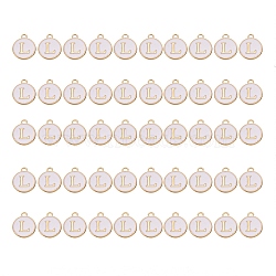 Golden Plated Alloy Charms, with Enamel, Enamelled Sequins, Flat Round, White, Letter.L, 14x12x2mm, Hole: 1.5mm, 50pcs/Box(ENAM-SZ0001-25A-L)