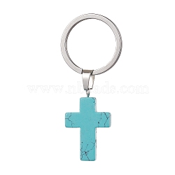 Dyed Synthetic Turquoise Keychains, with 304 Stainless Steel Split Key Rings, Cross, 5.6cm, Cross: 37.5x18x5.5mm(KEYC-JKC00729-05)