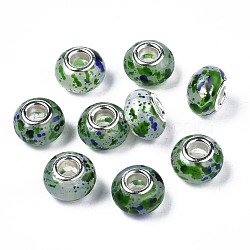 Resin European Beads, Large Hole Beads, with Platinum Tone Brass Double Cores, Imitation Jelly, Rondelle, Green, 14x9mm, Hole: 5mm(RPDL-N014-06-02)