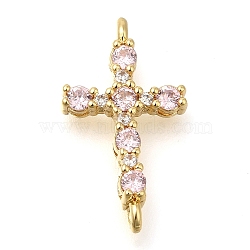 Brass Pave Cubic Zirconia Connector Charms, Cadmium Free & Lead Free, Cross Links, Real 16K Gold Plated, Pink, 20x11x4mm, Hole: 1.2mm(KK-M101-03C-G02)