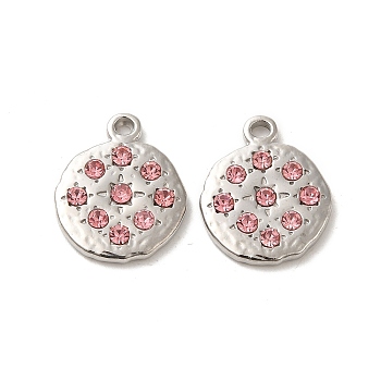 304 Stainless Steel Pendants, with Light Rose Rhinestone, Flat Round Charms, Stainless Steel Color, 18.5x15.5x2.7mm, Hole: 2mm