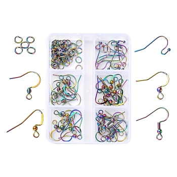 50Pcs 5 Style Ion Plating(IP) Rainbow Color 304 Stainless Steel French & Flat Earring Hooks, with Beads, with 50Pcs Open Jump Rings, 16~19x17~23mm, Hole: 2mm, 22 Gauge, Pin: 0.6mm, 10pcs/style