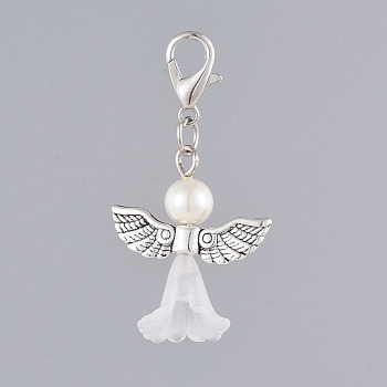 Acrylic Pendants, with Glass Pearl Beads, Platinum Plated Zinc Alloy Lobster Claw Clasps and Antique Silver Plated Alloy Beads, Angel, White, 40mm