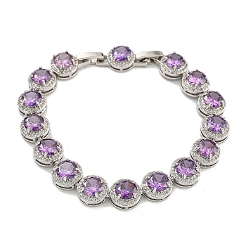 Flat Round Glass Link Chain Bracelets, Rack Plating Platinum Plated Brass Jewelry for Women, Medium Purple, 7-7/8 inch(20.1cm)