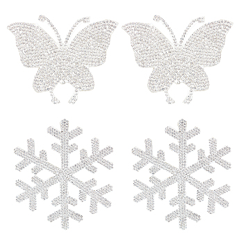 SUPERFINDINGS 4Pcs 2 Style Snowflake & Butterfly Glitter Hotfix Rhinestone, Iron on Patches, Dress Shoes Garment Decoration, Crystal, 60~90x73~78x2mm, 2pcs/style