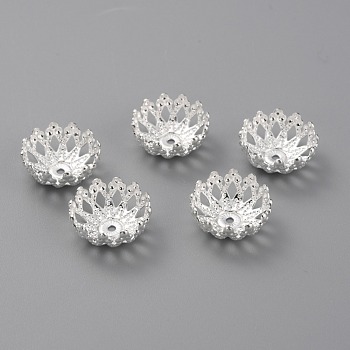 Brass Fancy Bead Caps, Long-Lasting Plated, Multi-Petal Flower, 925 Sterling Silver Plated, 12x5.5mm, Hole: 1mm