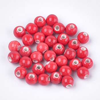 Handmade Porcelain Beads, Bright Glazed Porcelain Style, Round, Red, 7.5~8x7~7.5mm, Hole: 2~2.5mm