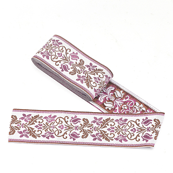 Ethnic style Embroidery Polyester Ribbons, Jacquard Ribbon, Garment Accessories, Single Face Floral Pattern, Orchid, 2-3/8 inch(60mm), about 5.47 Yards(5m)/Bundle