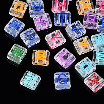 Transparent Acrylic Multi-Strand Links, for Tile Elastic Bracelets Making, Square with Letter, Mixed Letter, Mixed Color, 8x8x4mm, Hole: 1.5mm