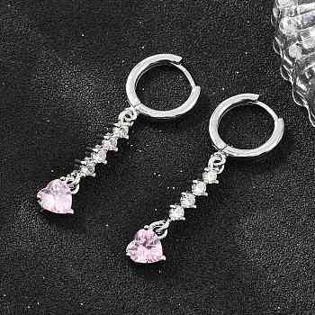 Brass Micro Pave Cubic Zirconia Hoop Dangle Earrings, Heart, Lead Free & Cadmium Free, Rack Plating, Long-Lasting Plated, Platinum, 40x7mm